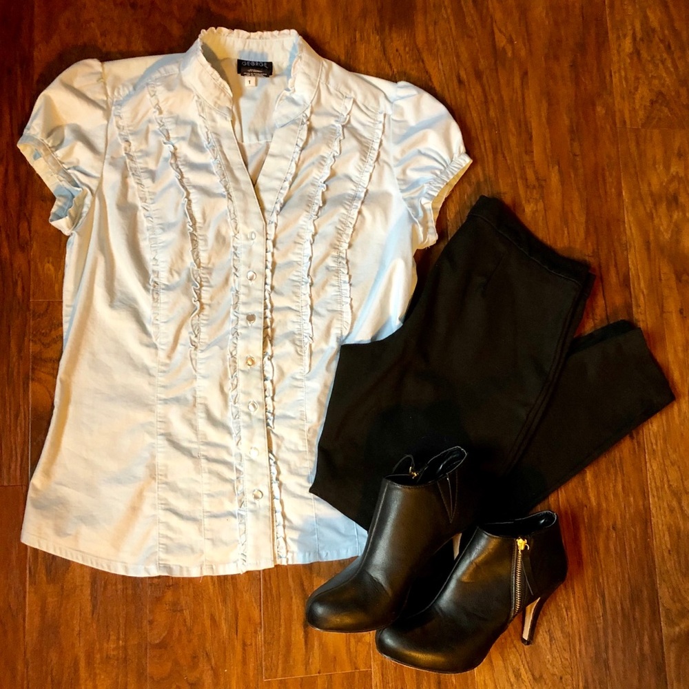 Ruffle front, Cap Sleeve, Fitted Button Down Top